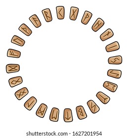 Runic wreath of celtic symbols. Set of wooden runes in a circle composition. Collection of hand drawn doodles of carved runic symbols on wood. Vector image of celtic glyphs