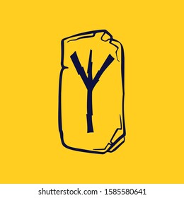 Runic Y letter logo from lightnings on fragments of stones. Scandinavian occult symbol, black stamping on the gold background.