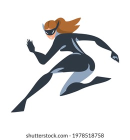 Runing Girl Superhero Character in Black and Gray Costume Cartoon Vector Illustration
