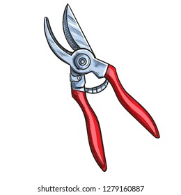 Runing shears, garden secateurs or hand pruners, sketch style, vector illustration.