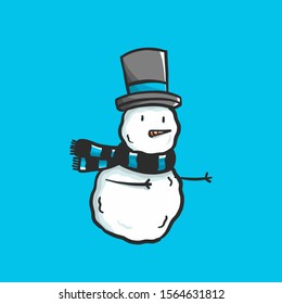 Runing snowman with hat and scarf on blue background. Winter vector illustration