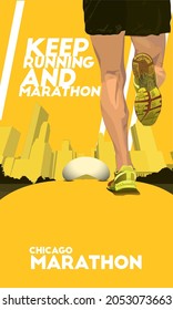 Runing vector design illustation with chicago city and runner foot on yellow color theme. poster. banner. Chicago Marathon event. vector EPS10.