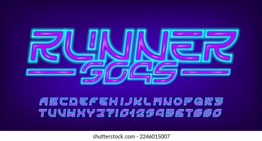 Runner 3049 alphabet typeface. Futuristic glowing neon letters and numbers. Stock vector typescript for your design.