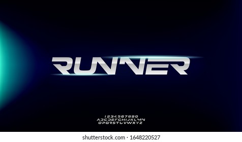 Runner, an abstract sporty technology alphabet font. digital space typography vector illustration design	