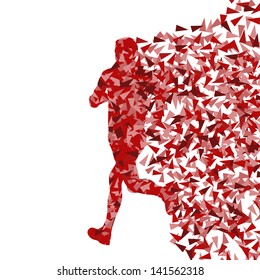 Runner abstract vector red background, man made of fragments