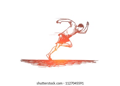 Runner, aim , start-up, explosive, man and distance concept. Hand drawn athlete running fast concept sketch. Isolated vector illustration.
