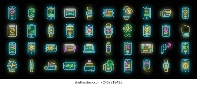 Iconos del App del corredor establecen el Vector de contorno. Actividad corporal. Color de neón de datos de corazón en negro