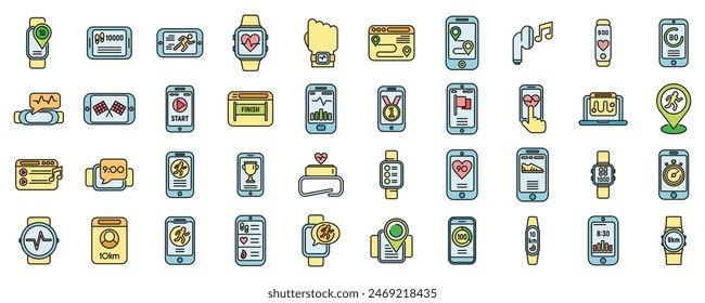 Iconos del App del corredor establecen el Vector de contorno. Actividad corporal. Corazón de datos de línea fina de color plano en blanco