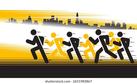 Corredor atleta personagem de desenho animado em corrida de maratona. Fundo do esporte com design de arte pop
