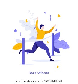 Runner or athlete crossing finish line and celebrating victory. Concept of success, triumph, winning race, championship, tournament or competition. Modern flat colorful vector illustration for banner.