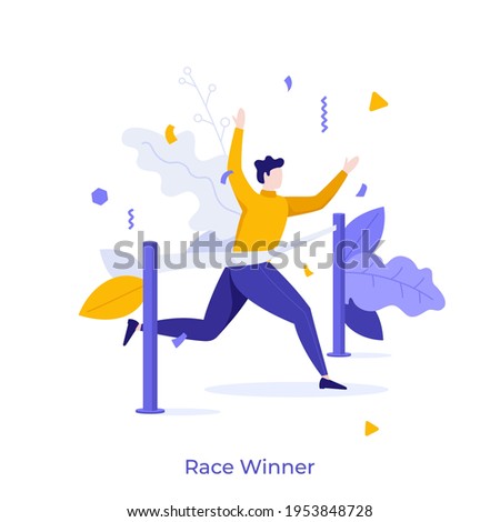 Runner or athlete crossing finish line and celebrating victory. Concept of success, triumph, winning race, championship, tournament or competition. Modern flat colorful vector illustration for banner.