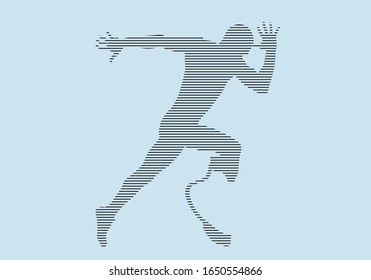 runner athlete with disability in prosthetic silhouette in black lines on blue background