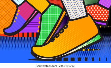 Runner athlete feet in marathon running race. Sport background with pop art design