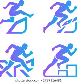 Runner athlete hurdling, jumping obstacle, race, sports action, modern abstract, blue purple gradient.