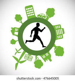 runner athlete man male button city building urban running training fitness healthy lifestyle sport marathon icon. Colorful and flat design. Vector illustration