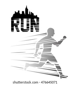 runner athlete man male city building urban running training fitness healthy lifestyle sport marathon icon. black and flat design. Vector illustration