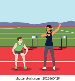 Runner Athlete Running Sprint Track Sport Competition. woman coach training. Flat Vector Illustration