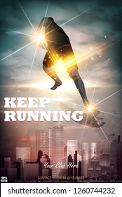 Runner athlete silhouette fast running above city silhouette bright colors contrast marathon running event club advertising banner web flyer flyer sporting event achievement success. Vector EPS 10