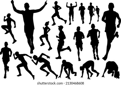 runner athlete silhouette pose set vector illustration