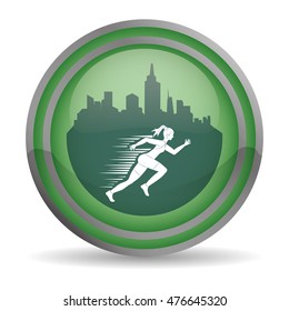 runner athlete woman girl city urban buildings button running training fitness healthy lifestyle sport marathon icon. Colorful and flat design. Vector illustration