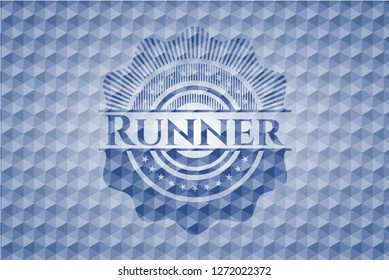 Runner blue badge with geometric background.