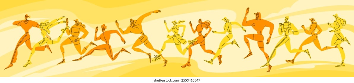 Runner character. Fast run. Fitness training. Men and women jogging. Speed sport competitions. Race winner. Success in marathon. Crowd of people. Athletes group. Vector abstract line yellow background