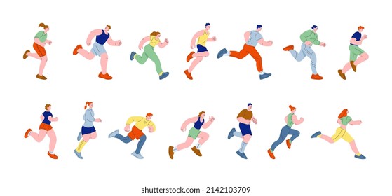 Runner characters. Teen moving, running cartoon athletes. Activities and rush, young flat sportsman run. Jogging man woman in sportswear kicky vector set