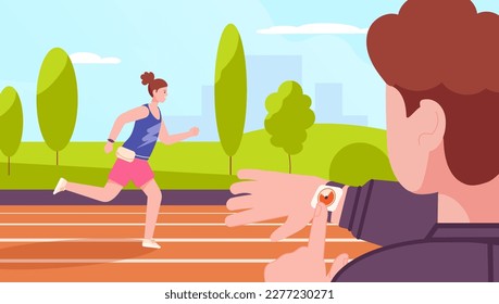 Runner coach. Running woman on stadium, trainer checking run time in stopwatch, female athlete or marathon, athletic exercise or workout training, vector illustration of runner sport exercise fitness