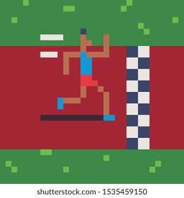 Runner in competitions pixel art vector illustration, male athlete running, design for logo, sticker, mobile app. Game assets 8-bit sprite.