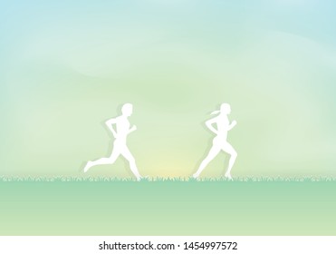 Runner couple running outside, Healthy lifestyle, Paper cut, Craft vector