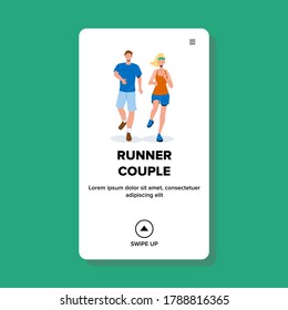Runner Couple Young Man And Woman Sportsman Vector. Runner Couple Joggers Boyfriend And Girlfriend Running Together. Characters Sport Training And Exercising Web Flat Cartoon Illustration