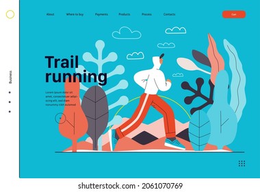 Runner, cross country race, website template. Flat vector concept illustration of a young man wearing hoodie and tights, running outside. Healthy activity and lifestyle. Park, trees, hills landscape