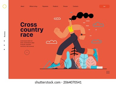 Runner, cross country race, website template. Flat vector concept illustration of a young woman wearing athlete shirt and tights, running outside. Healthy activity lifestyle. Trees, hills landscape.