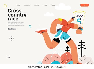 Runner, cross country race, website template. Flat vector concept illustration of a young man wearing t-shirt and blue shorts, running outside. Healthy activity lifestyle. Trees, hills landscape.