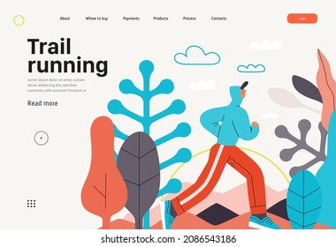 Runner, cross country race, website template. Flat vector concept illustration of a young man wearing hoodie and tights, running outside. Healthy activity and lifestyle. Park, trees, hills landscape