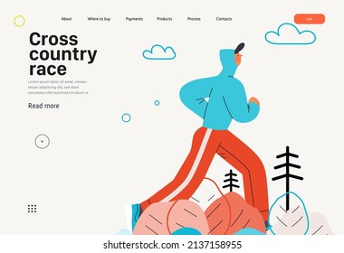 Runner, cross country race, website template. Flat vector concept illustration of a young man wearing hoodie and tights, running outside. Healthy activity lifestyle. Park, trees, hills landscape