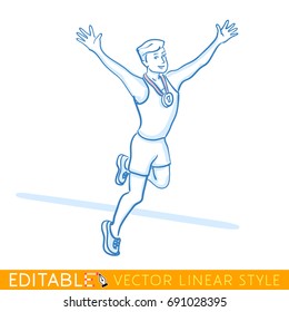 Runner is crossing of the finish line. Editable line sketch. Stock vector illustration.