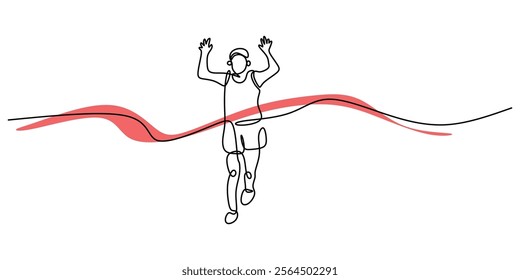 A runner crossing the finish line, representing victory and achievement in sports. Minimalist One line drawing showcasing a healthy and active lifestyle. Vector illustration hand drawn.