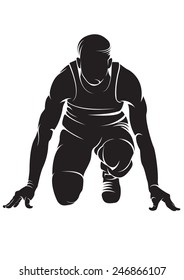 Runner. Crouch start. Vector silhouette isolated on white