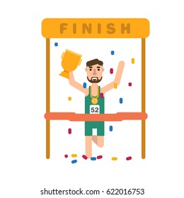Runner with cup and gold medal  on finish line isolated on white flat vector illustration. Winner of sport competition.