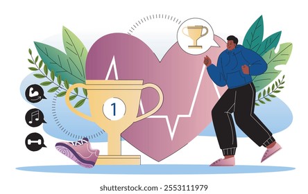 Corredor com copo. O homem corre para troféu contra o fundo do coração com o cardiograma. Estilo de vida ativo e esportes. Atleta e esportista. Competição e torneio. Ilustração de vetor plano