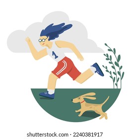Runner and dog take part in run race. Happiness is active lifestyle. Marathon athlete cheerful. Man playing with a puppy in nature. Be first..