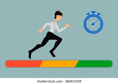 Runner, employee runs against clock to reach goals. Loading speed of a page