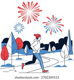 Ein Läufer genießt einen Winterabend mit einem lebendigen Feuerwerk über dem Kopf.