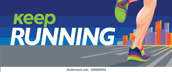 Runner feet fast running sneakers city silhouette bright colors contrast marathon running event club advertising banner web flyer flyer sporting event achievement success
