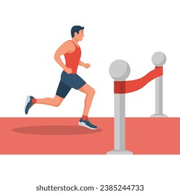 Corredor en la línea de meta. Imprimiendo atleta al final con una cinta ganadora. Diseño plano de ilustración vectorial. Aislado sobre fondo blanco. Hombre deportivo. La carrera de velocidad y el ganador.