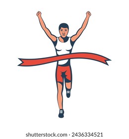 Runner at finish line. Sprinting athlete at finish with a winning tape. Vector illustration flat design. Isolated on white background. Sport man. Speed race and winner. Athlete silhouette black icon.