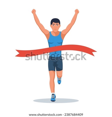 Runner at the finish line. Sprinting athlete at the finish with a winning tape. Vector illustration flat design. Isolated on white background. Sport man. Speed race and winner.