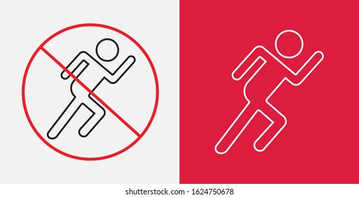 Runner flat icon. Running man vector silhouette. Run concept. Sprinter. Do not run, prohibition sign. Running prohibited, vector illustration. Forbidden sign with running man. Icons set