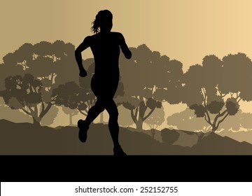 Runner in forest landscape vector background concept